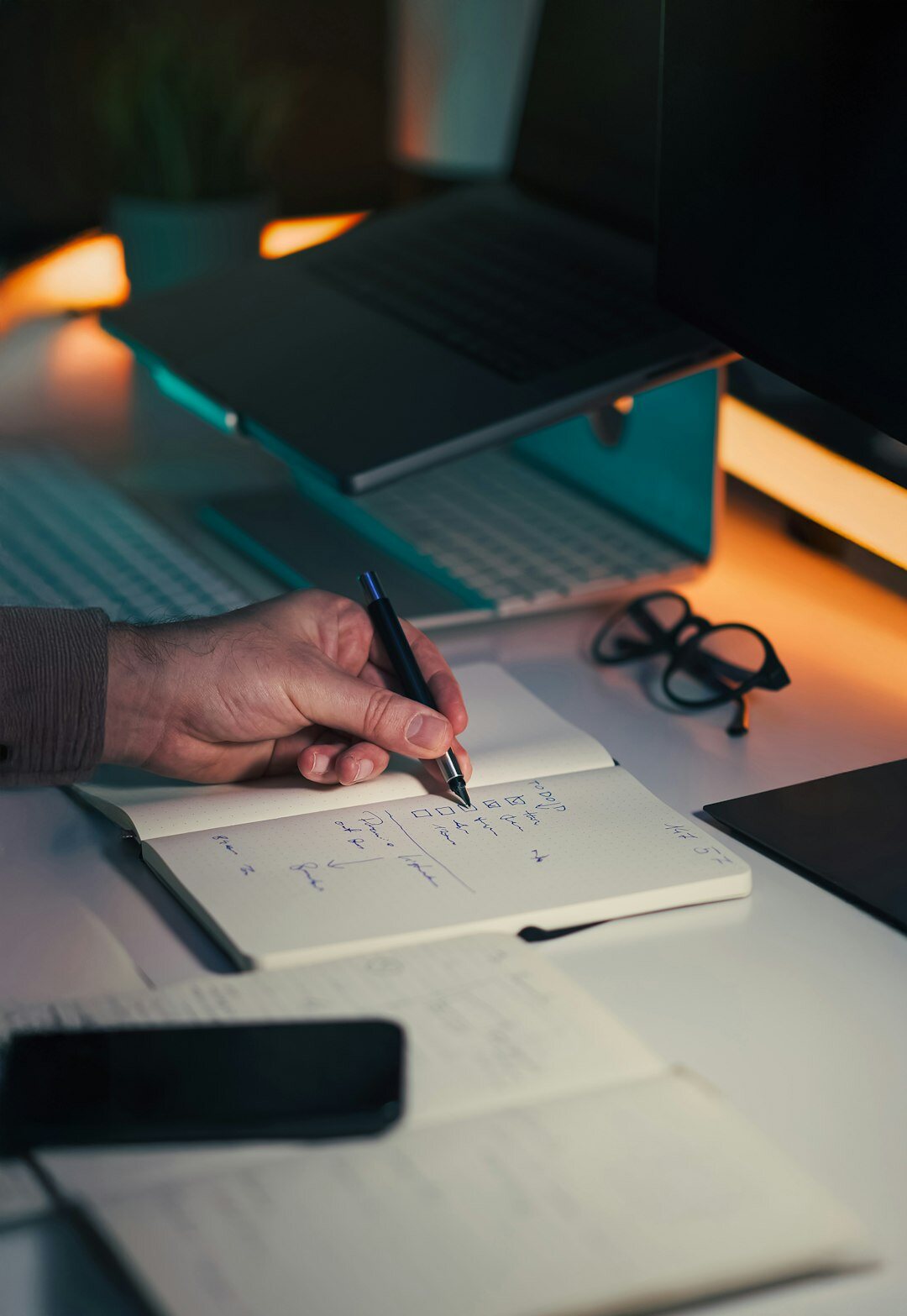 modern writer at desk with notebook