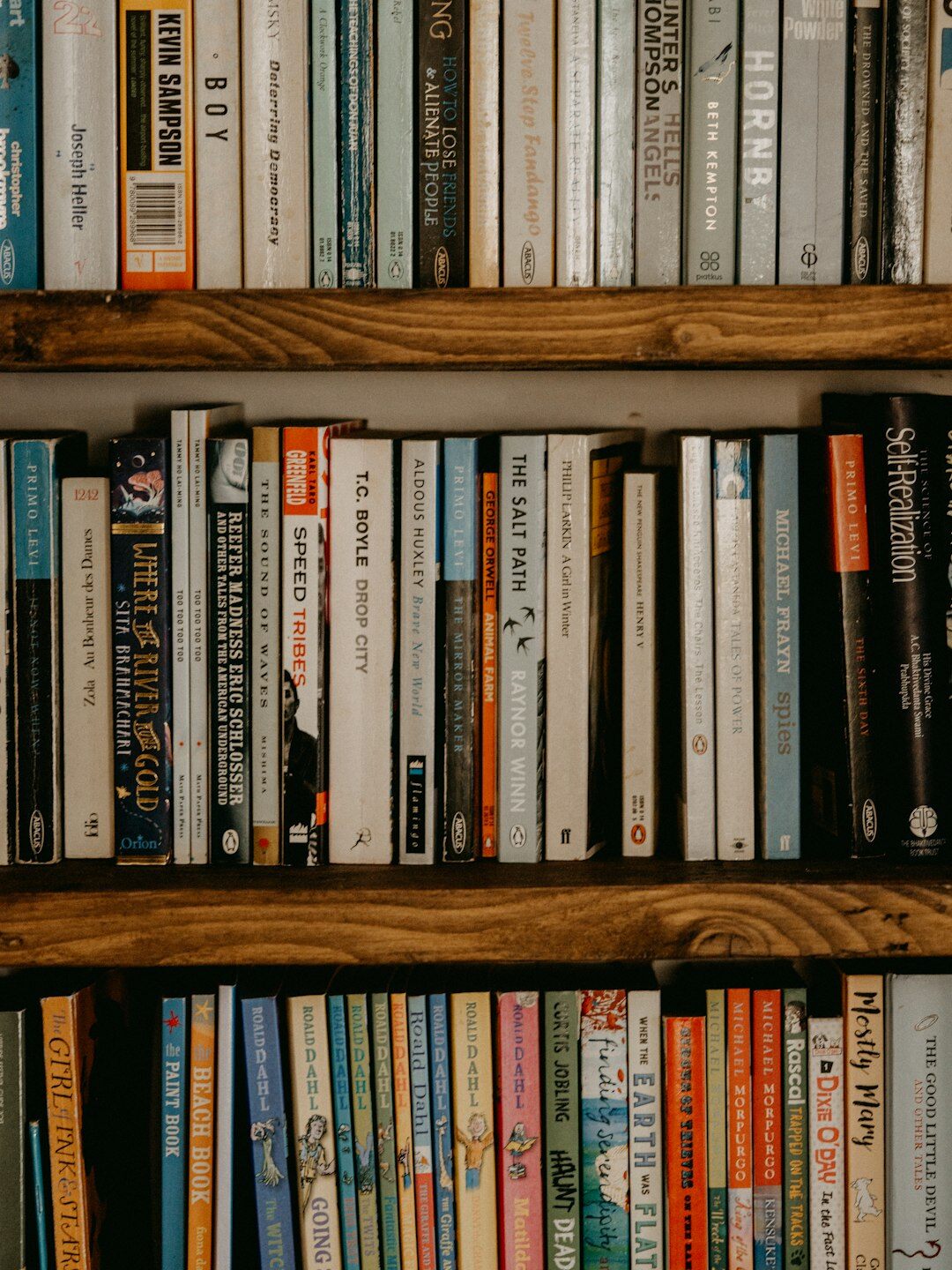 Tall wooden bookshelf filled with worn mystery novels in a dim study